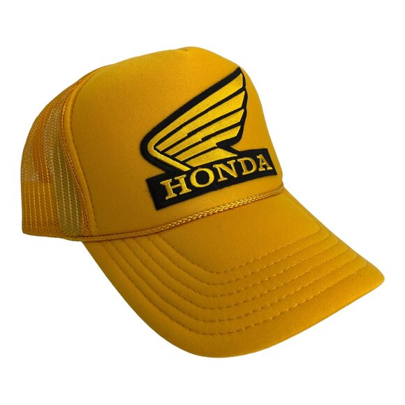 VINTAGE NEW HONDA MOTORS RACING YELLOW TRUCKER HAT SNAPBACK ADULT SZ TRENDY - Picture 1 of 3